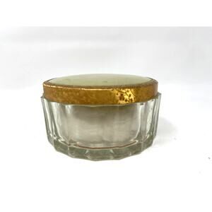 Vintage Mid Century Glass Vanity Powder Jar With Puff and Brass & Celluloid Lid